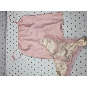 Victorias Secret PINK SATIN Sleep Set Lace Accent MEDIUM Nightie Lingerie Tank